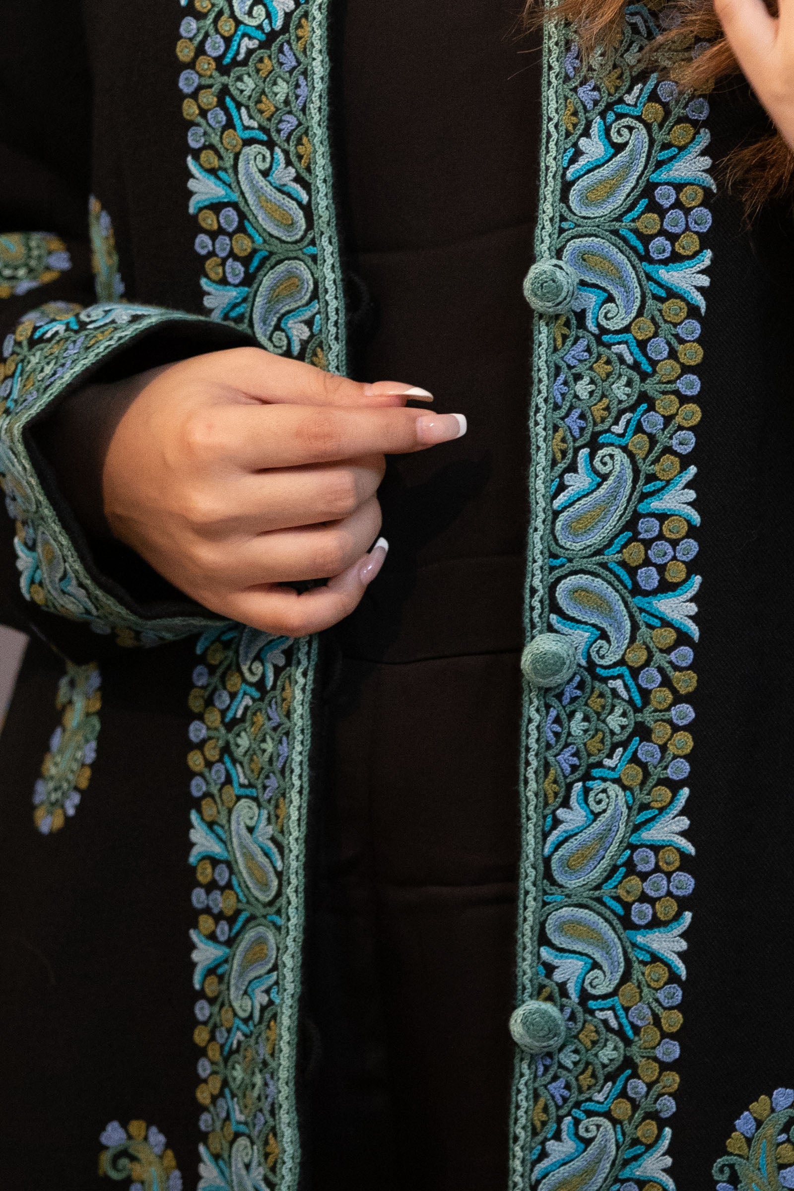 Long Kashmiri Woolen Jacket With Detailed Aari Floral Embroidery on bl –  Shobitam