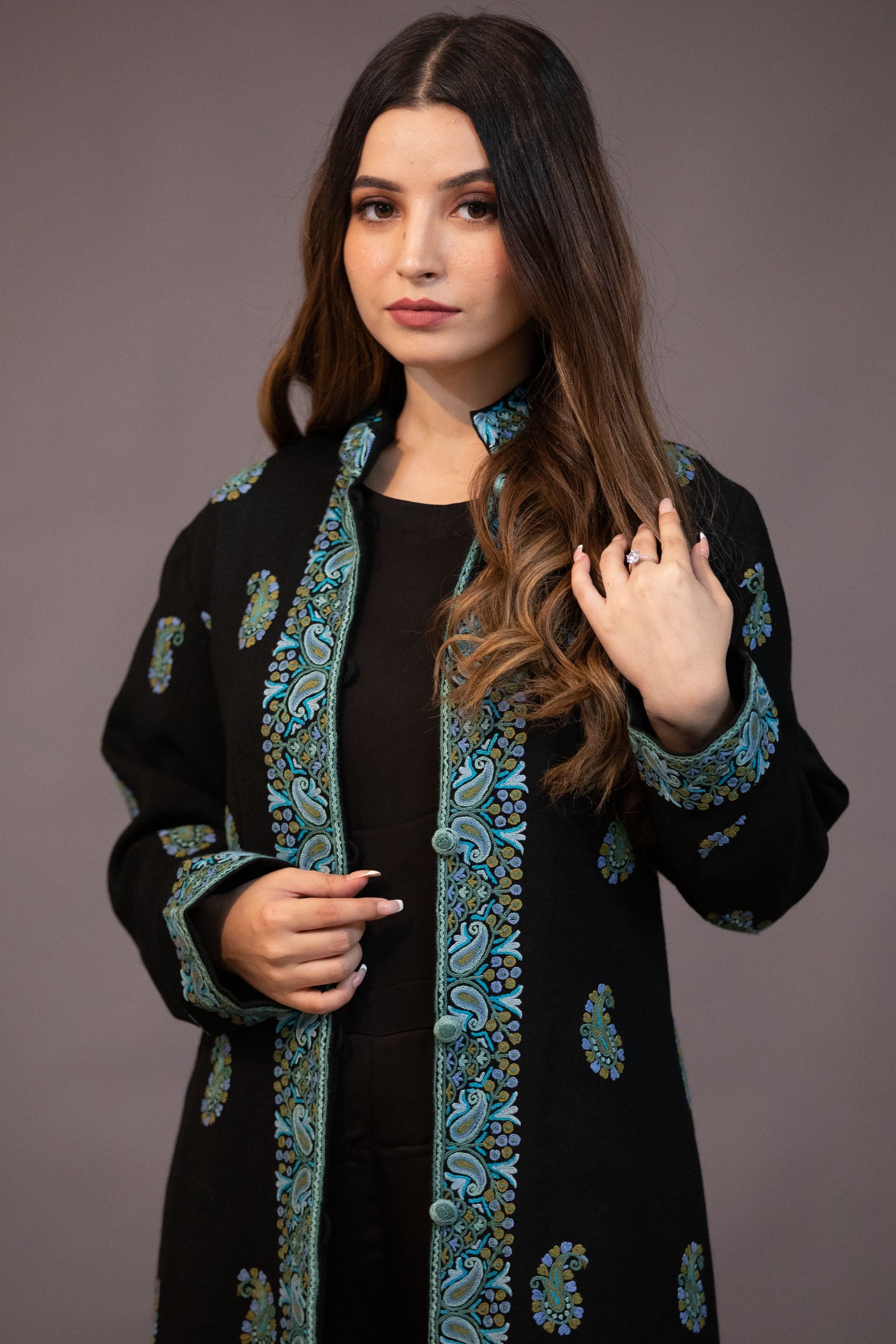 Black Long Coat with Multi-Colour Kashmiri Floral Embroidery | eBay
