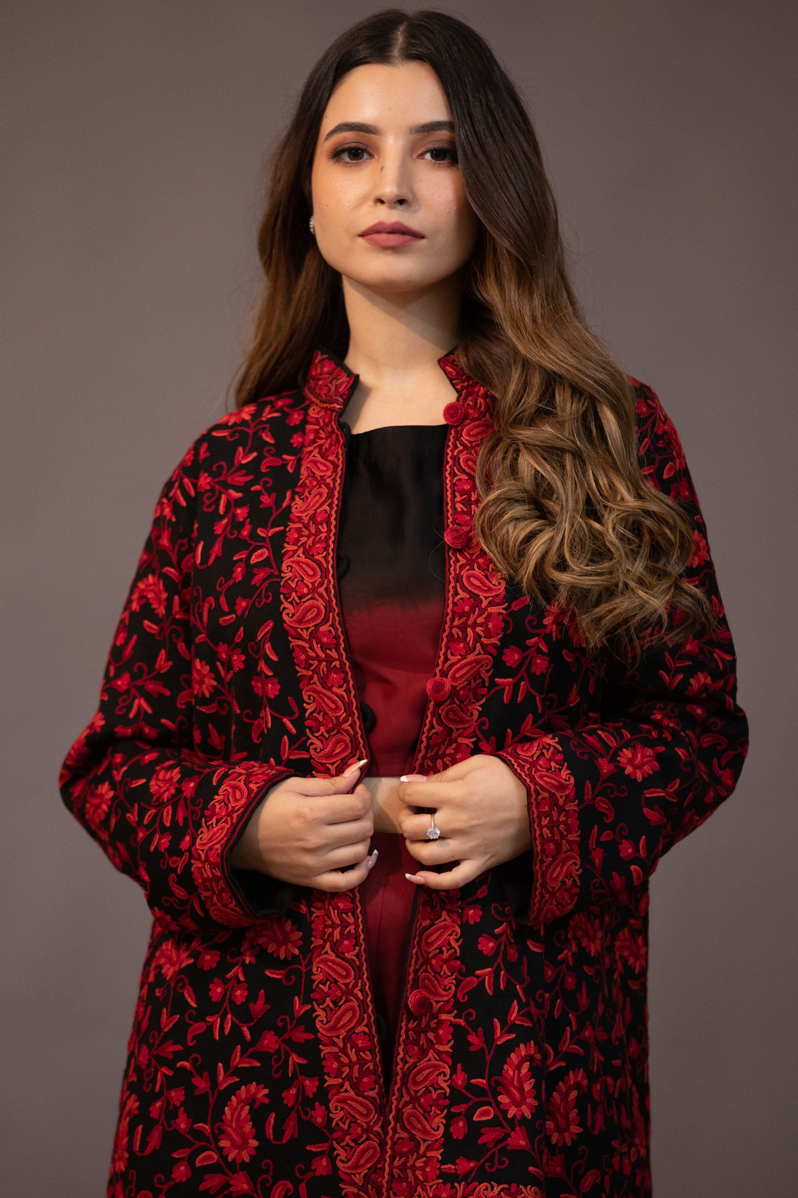 Black Kashmiri Long Bohemian Coat with Aari Jaal Embroidery | Angad  Creations