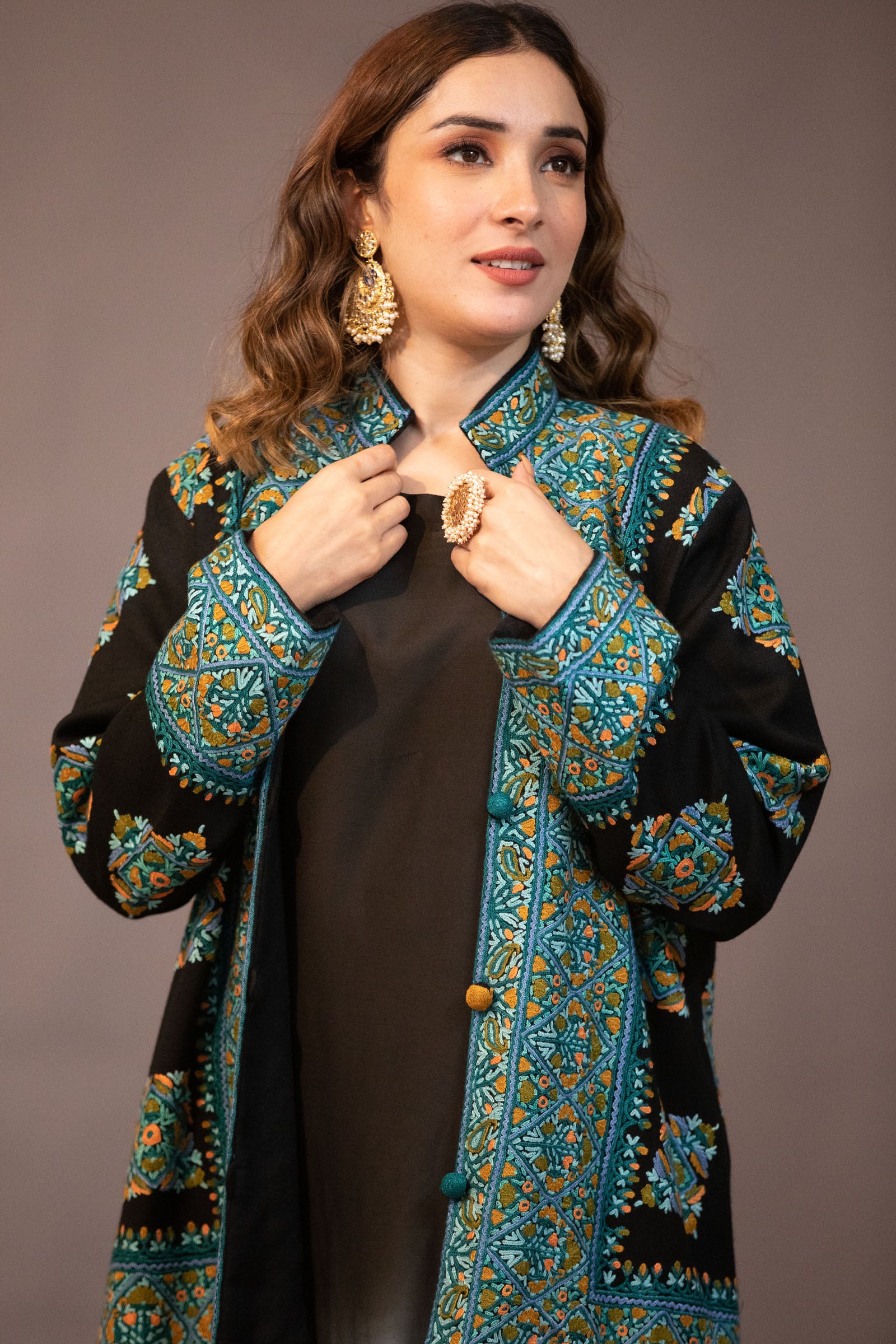 Wazir C Silk Turtle Neck Dress With Velvet Embroidered Jacket | Black,  Kashmiri Tilla, Silk, Dress, Dress | Turtle neck dress, Jackets for women,  Aza fashion